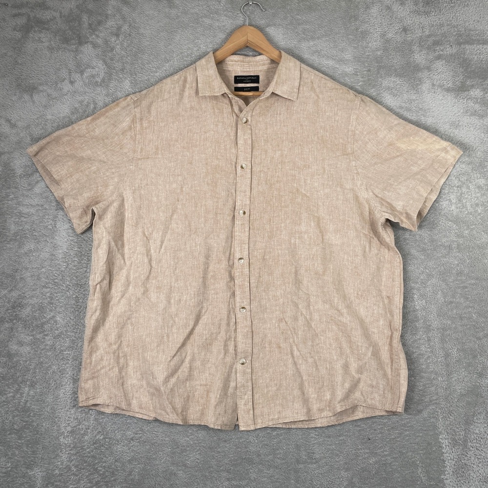 Banana Republic Shirt Mens 2XL Tan Linen Blend Short Sleeve Slim Fit Button Down